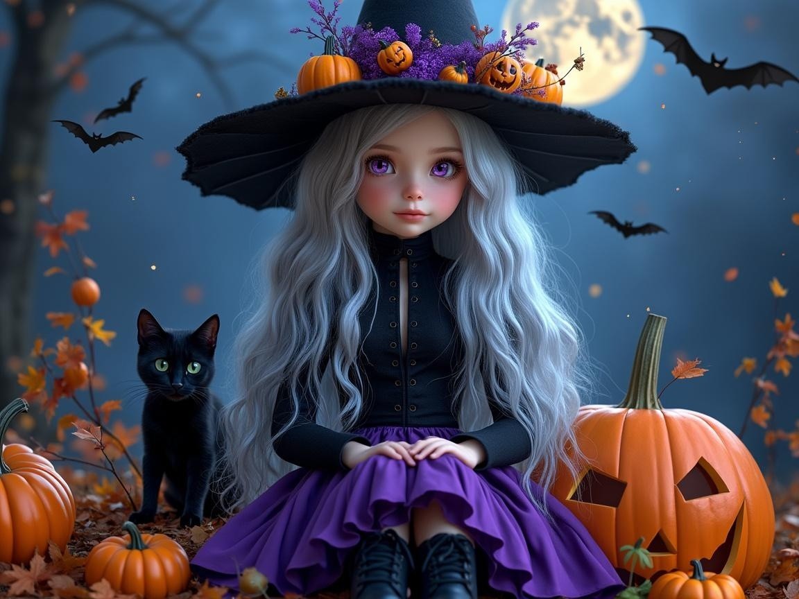 Whimsical Autumn Scene with Witch Hat and Pumpkins