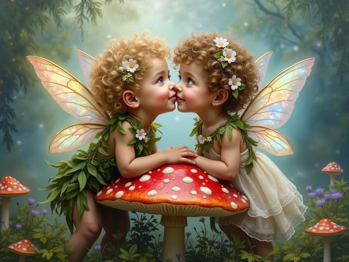Fairy Children on Red Mushroom in Enchanted Forest