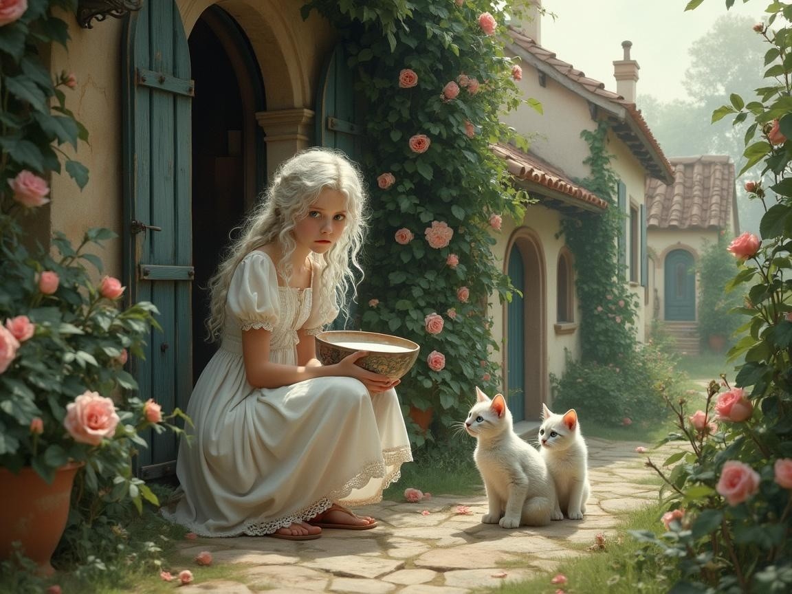 Young Girl in Garden with Kittens and Roses