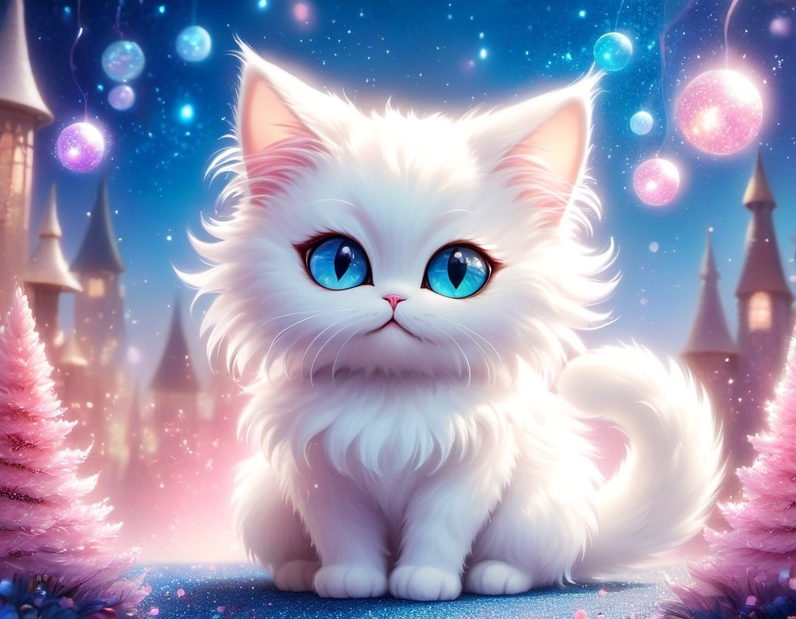 Fluffy White Kitten in Enchanted Pastel Background
