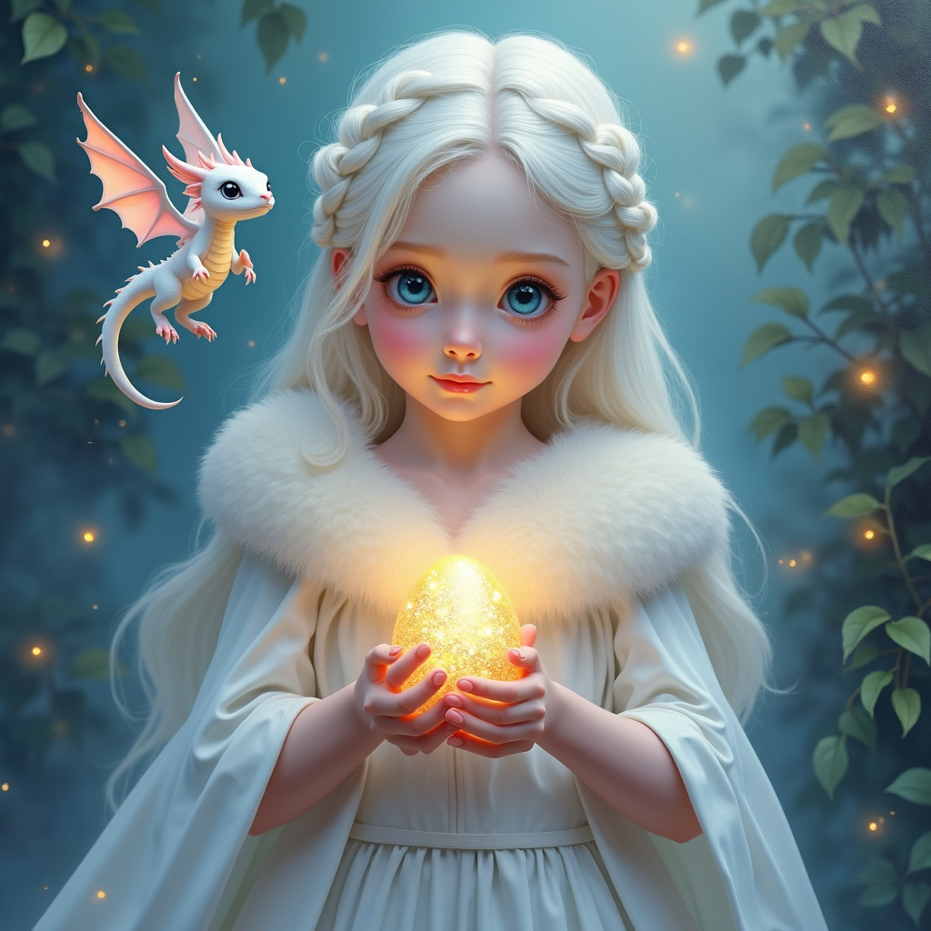 Young girl with white hair and golden egg in forest