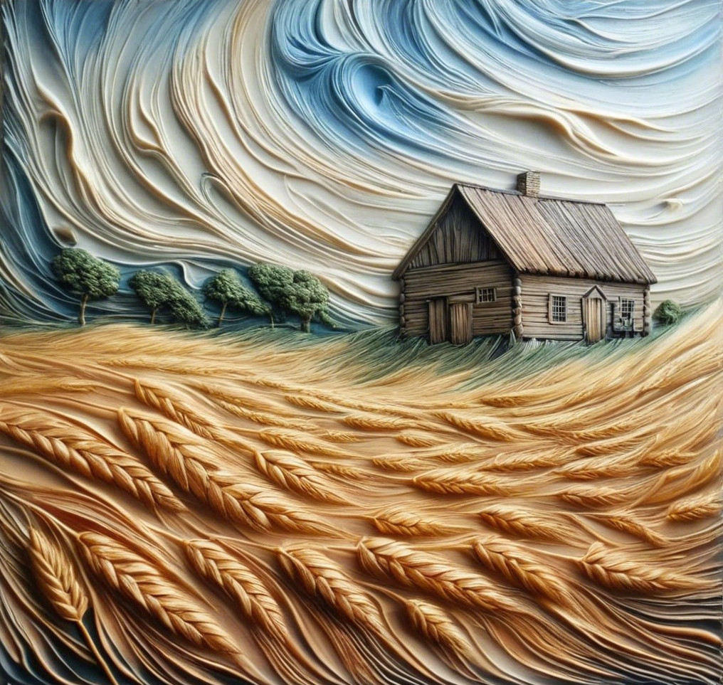 Tranquil Countryside Scene with Wooden House and Wheat Fields