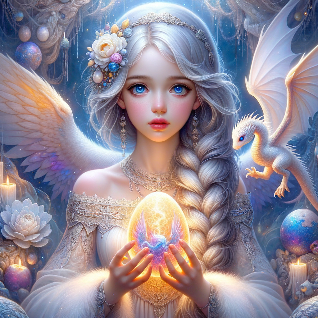 Mystical Scene of Woman with Silver Hair and Dragon
