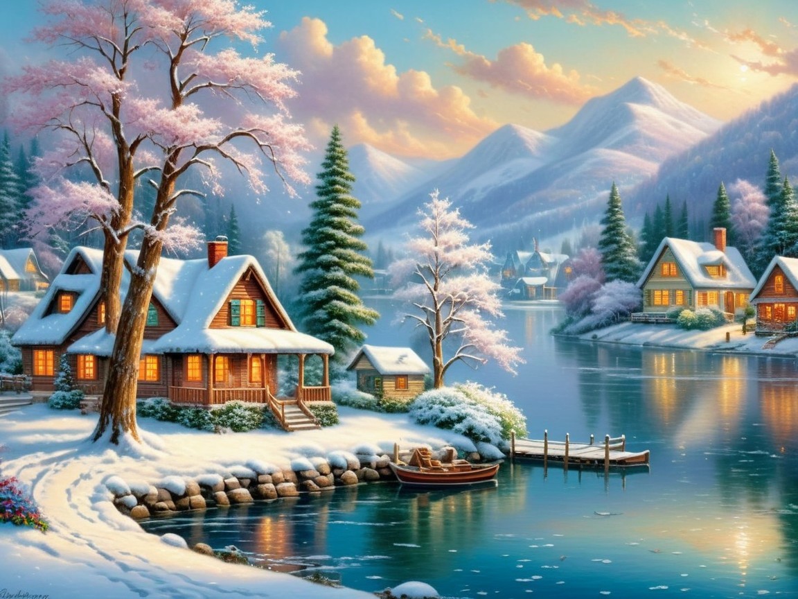 Winter Cabins by a Serene Lake and Snowy Mountains