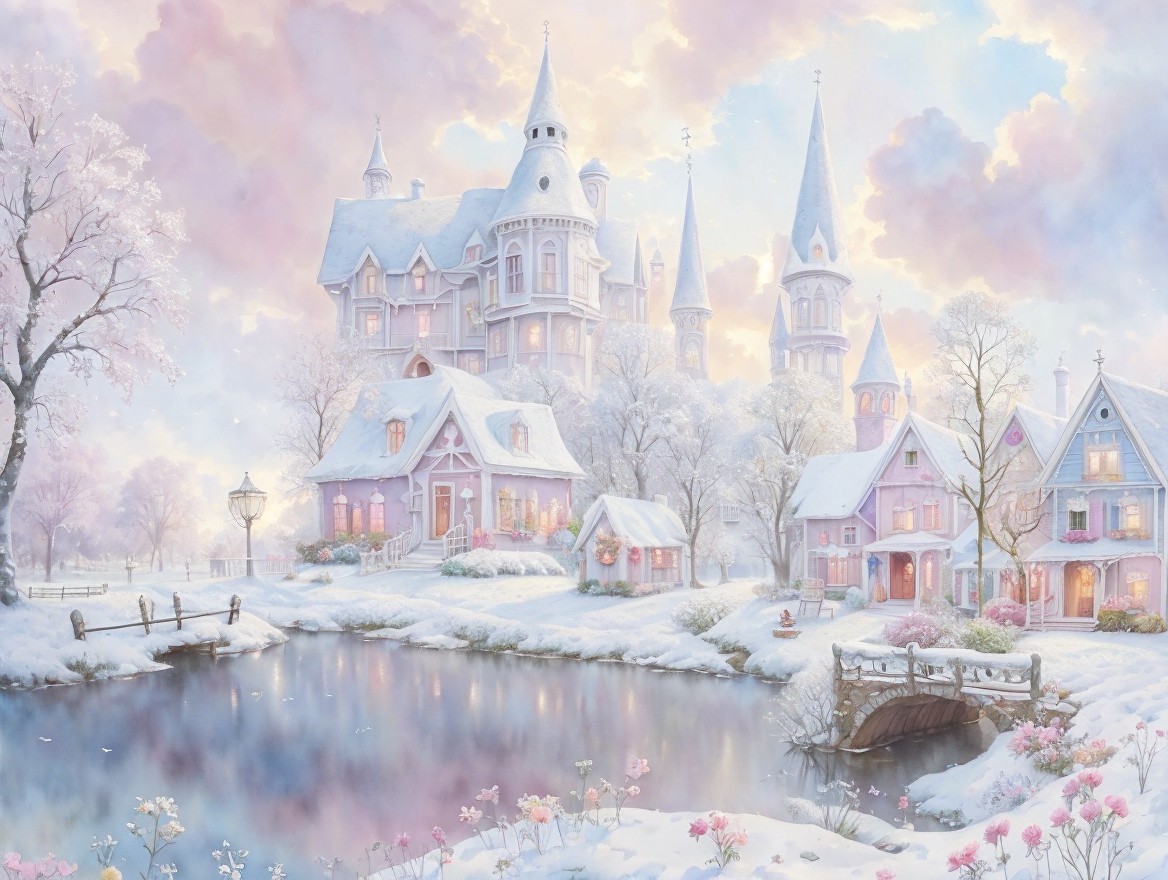 Winter Landscape with Fairytale Castle and Snowy Lake