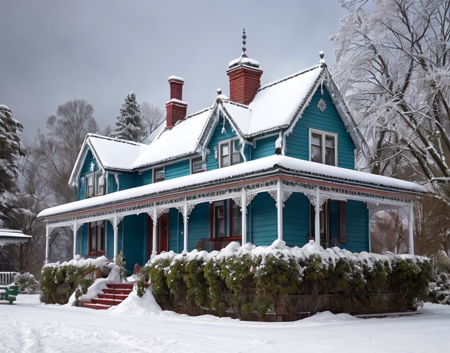 Charming Blue Victorian House in Winter Setting