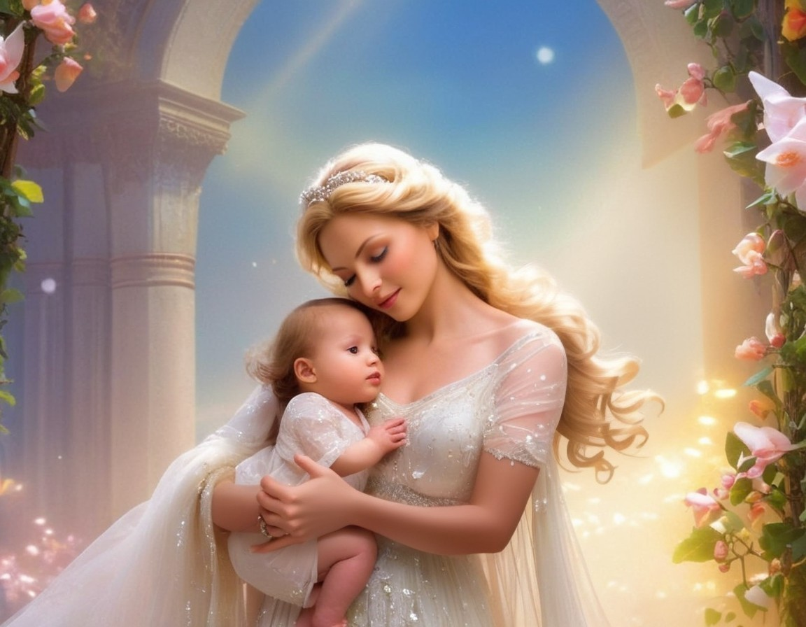 Radiant Woman in Ethereal Gown with Baby in Floral Setting