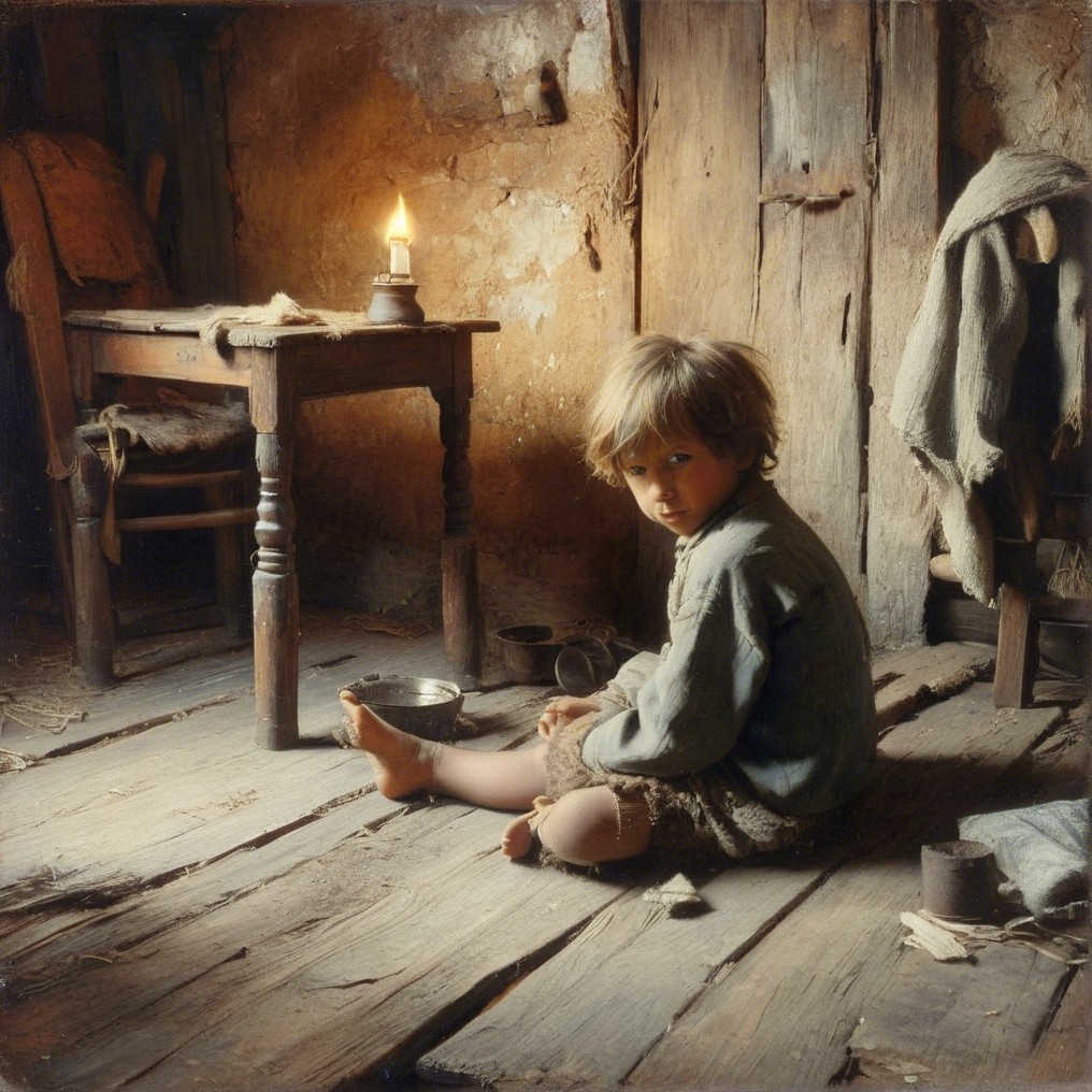 Child in Thoughtful Pose in Rustic Interior Setting