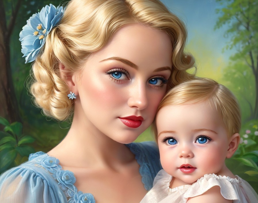Young Mother and Baby in Lush Green Forest Setting