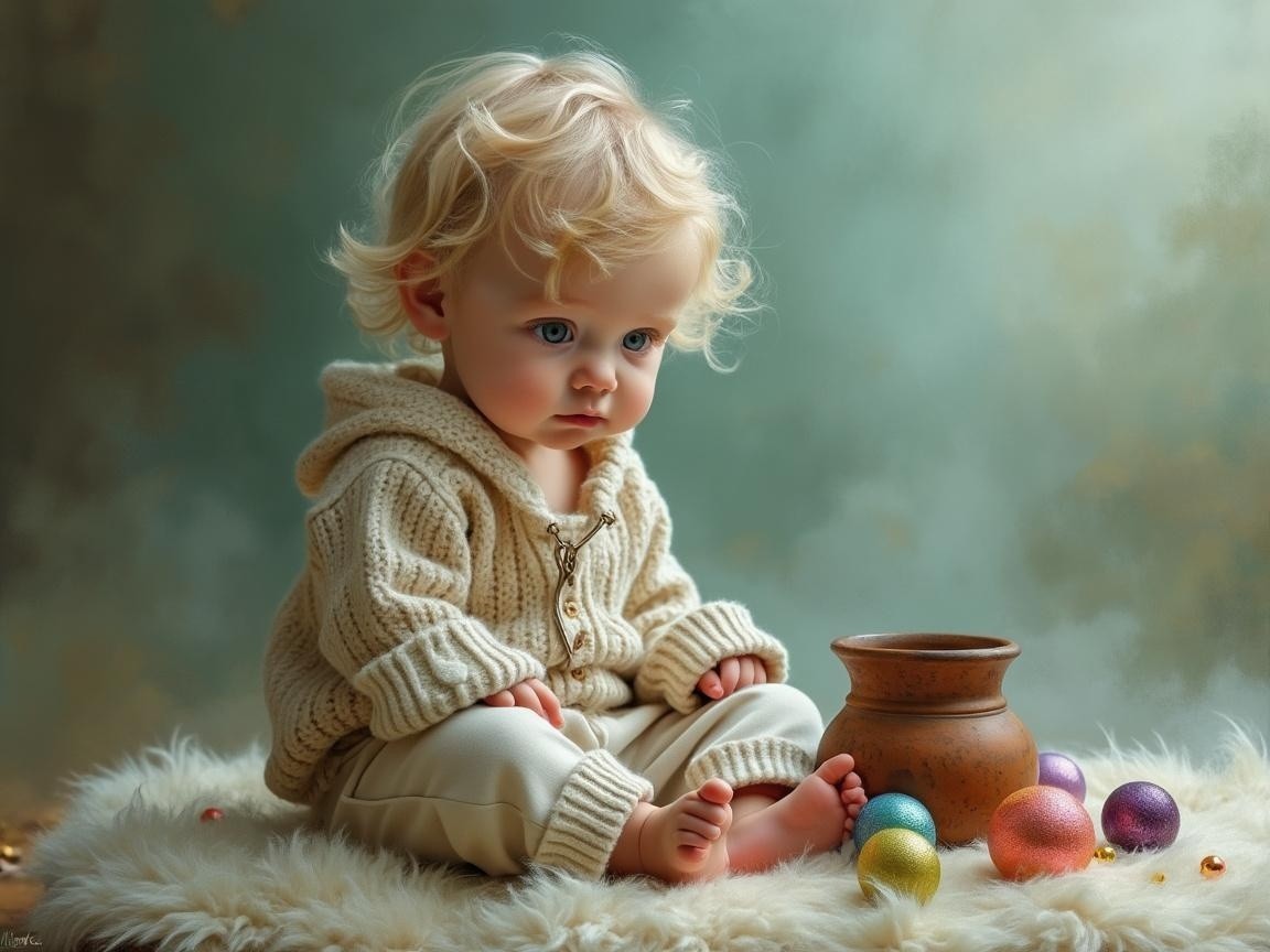 Child with curly blonde hair among colorful decorative eggs