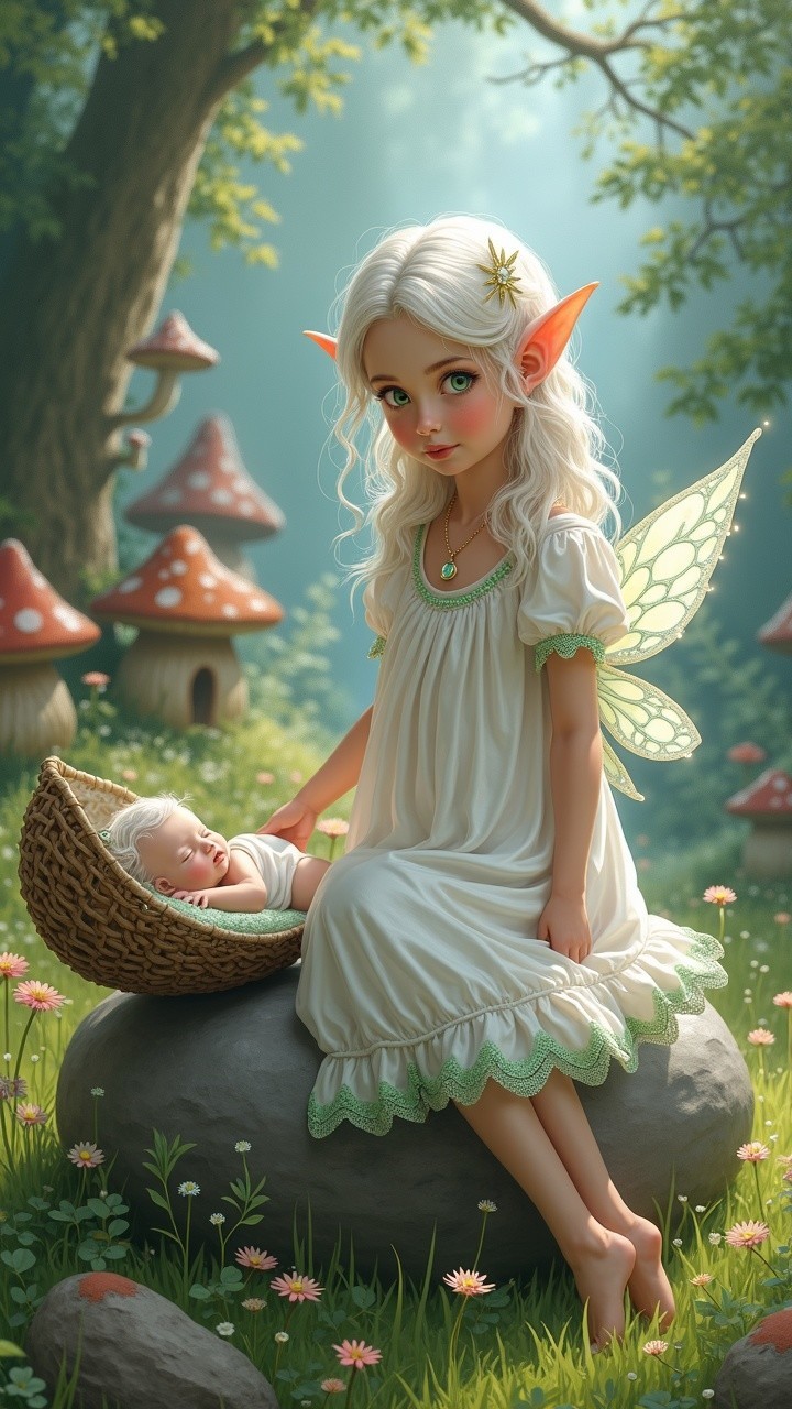 Fairy in Forest with Infant and Vibrant Flora