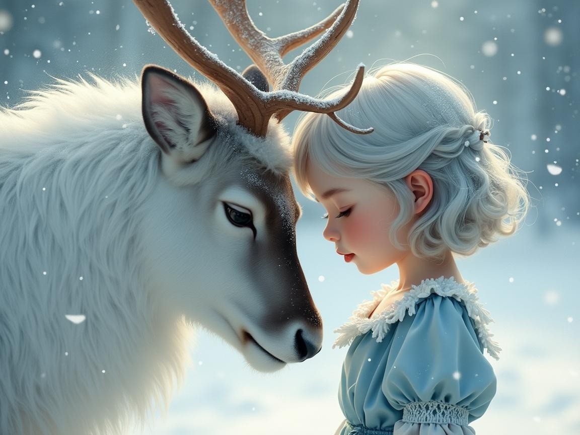 Winter Scene with Girl and White Reindeer in Snow
