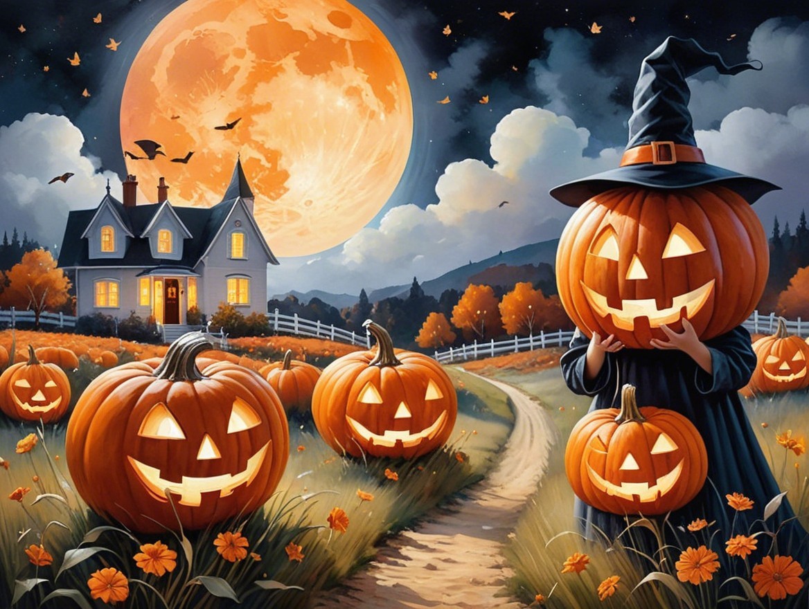 Whimsical Halloween Scene with Moonlit Landscape