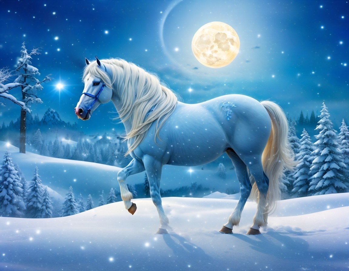 Blue Horse in Snowy Landscape Under Full Moonlight