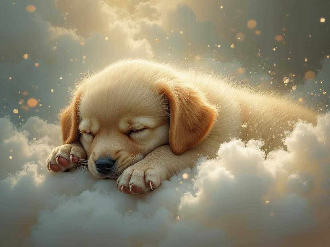 Golden Retriever Puppy Sleeping on Fluffy Cloud