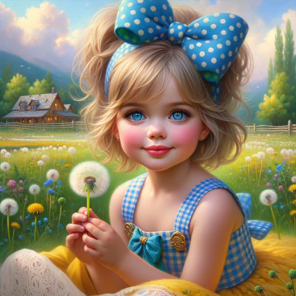 Child in a Meadow with Dandelions and Rustic House