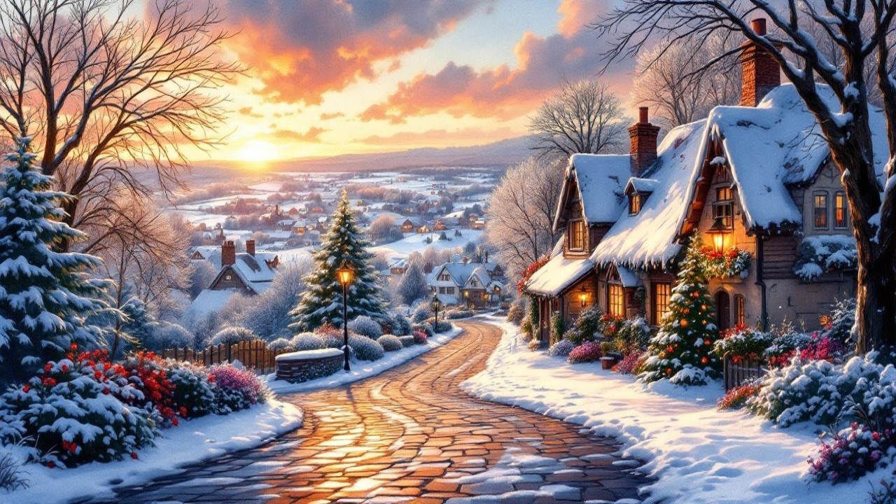Winter Village Scene with Sunset and Christmas Decor