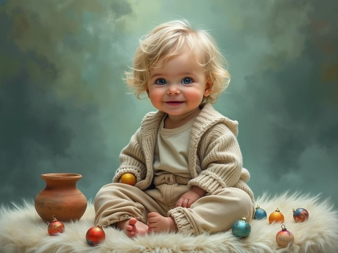 Cheerful baby on soft surface with colorful ornaments