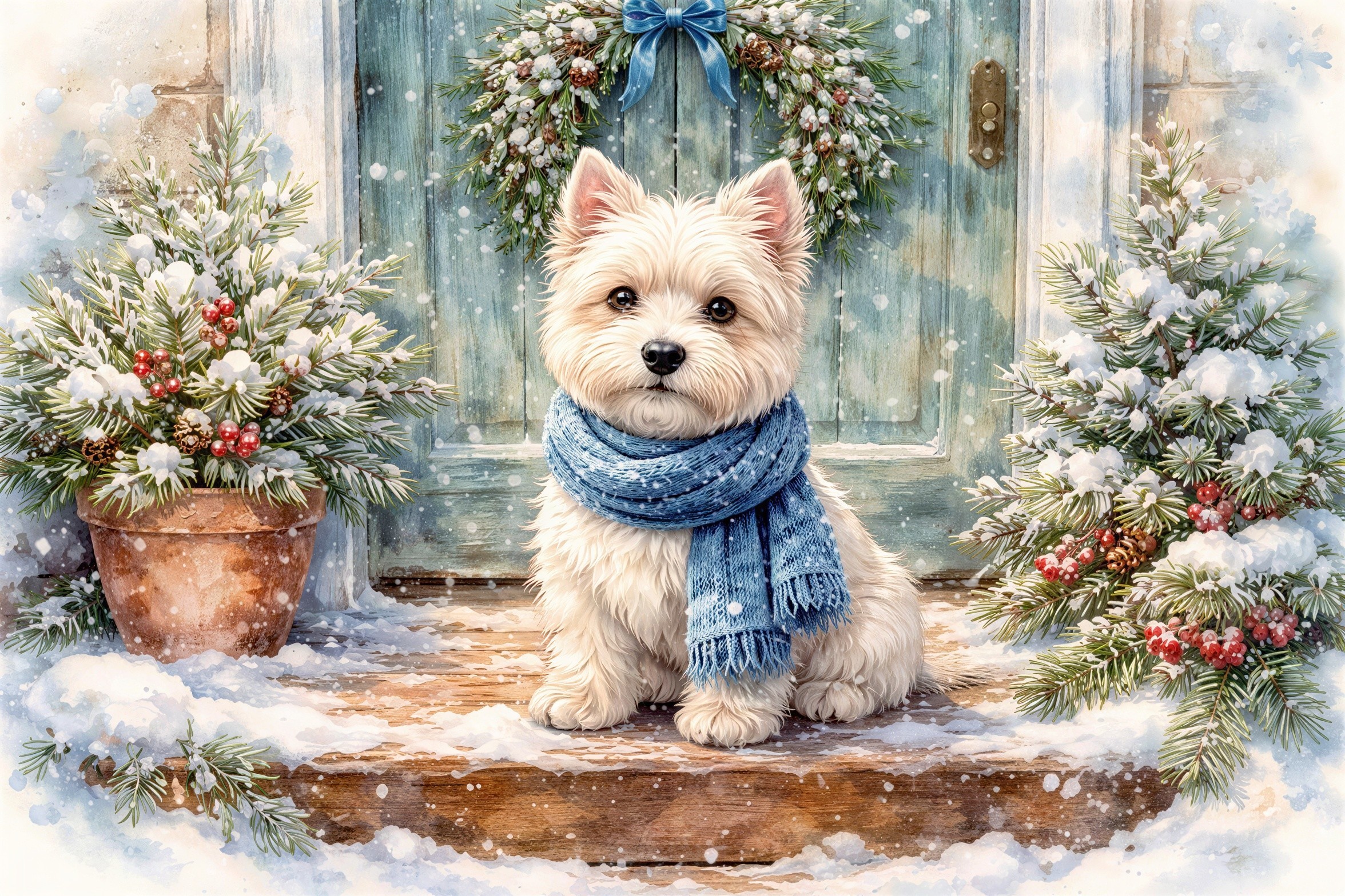 Watercolor Painting of Puppy on Snowy Steps