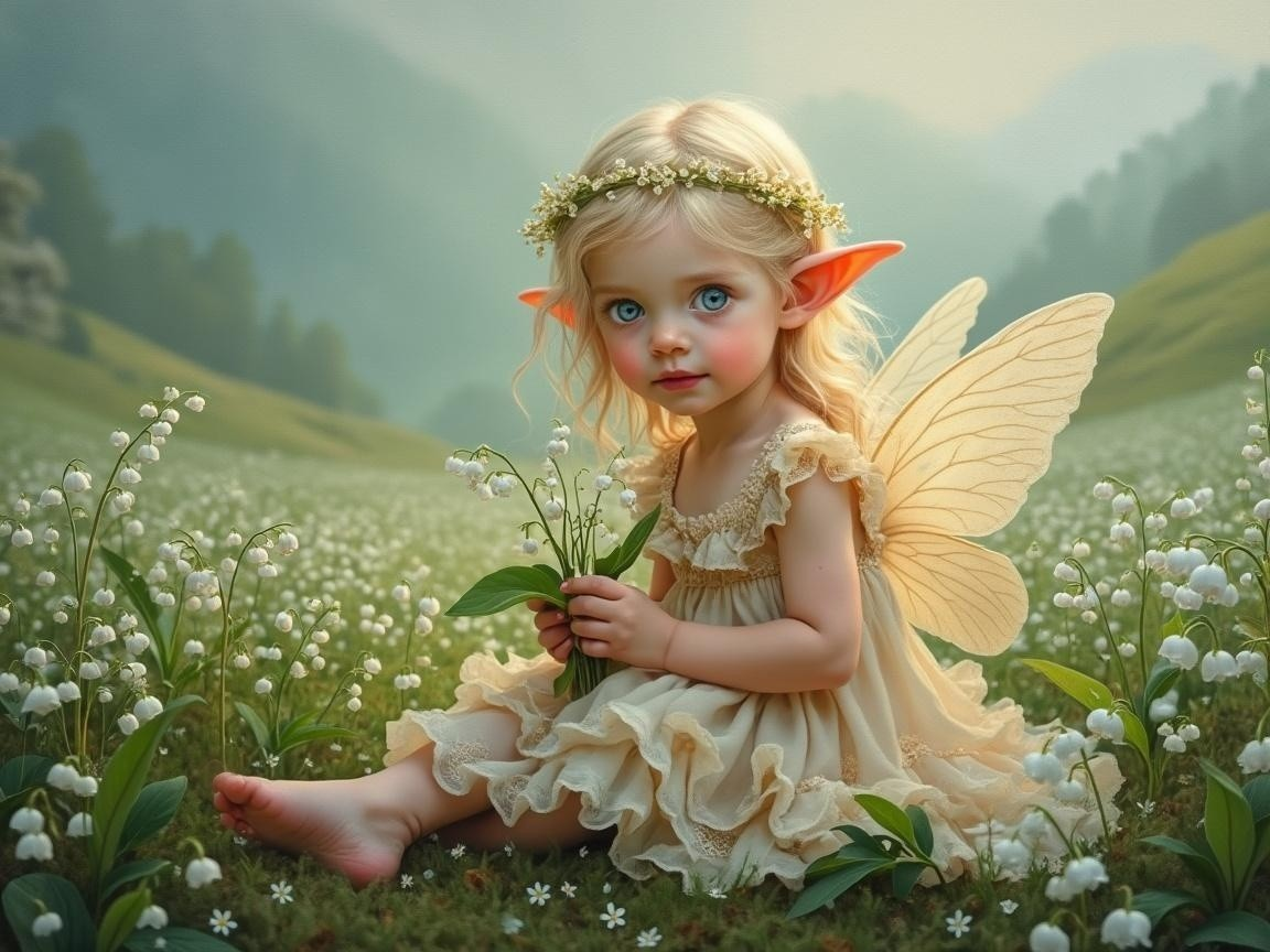 Young fairy in meadow with lilies and delicate wings