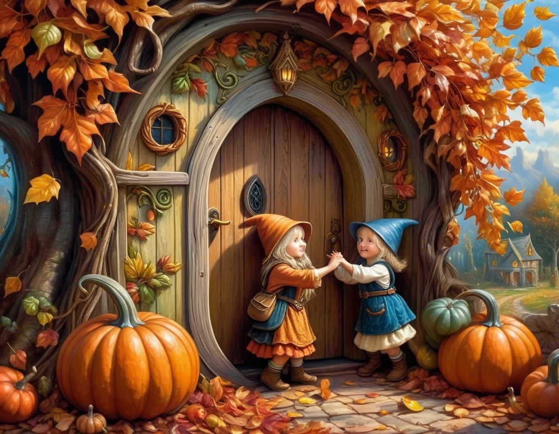 Whimsical Treehouse with Colorful Girls and Pumpkins