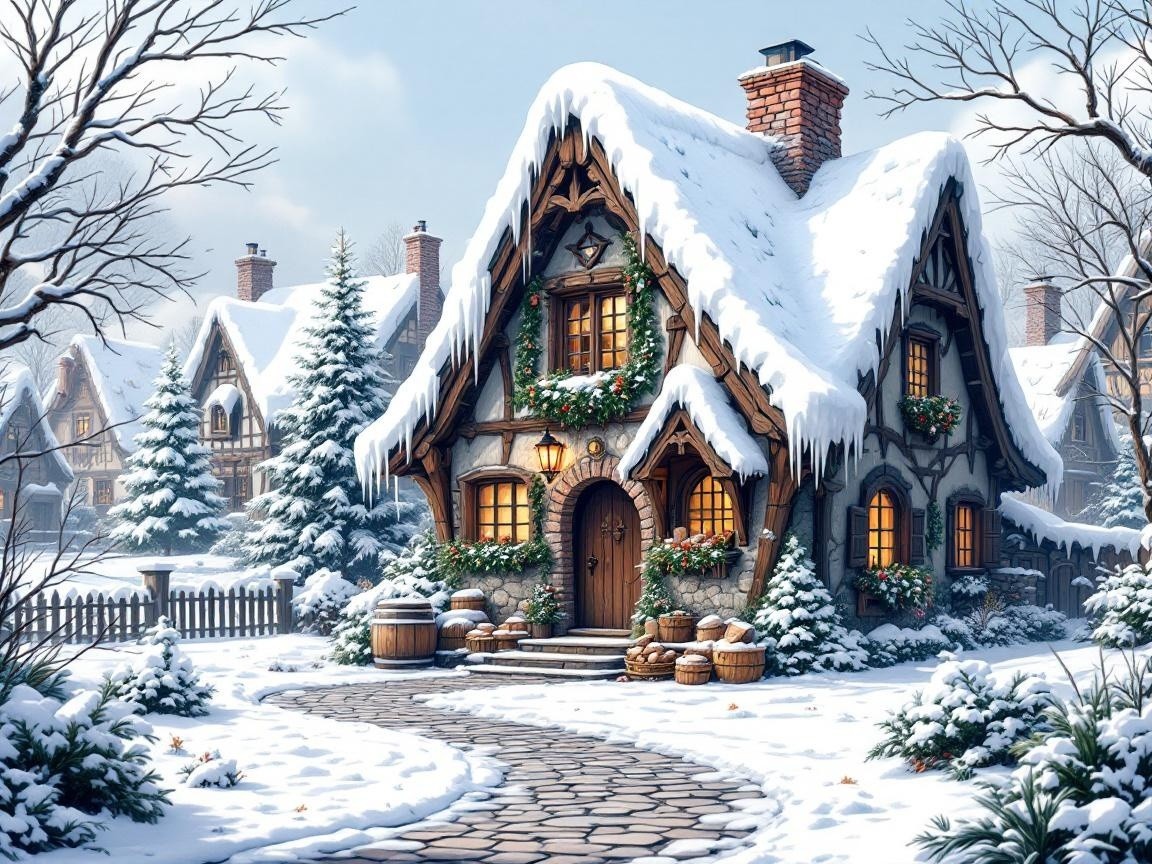 Cozy Cottages in a Snowy Winter Village Scene