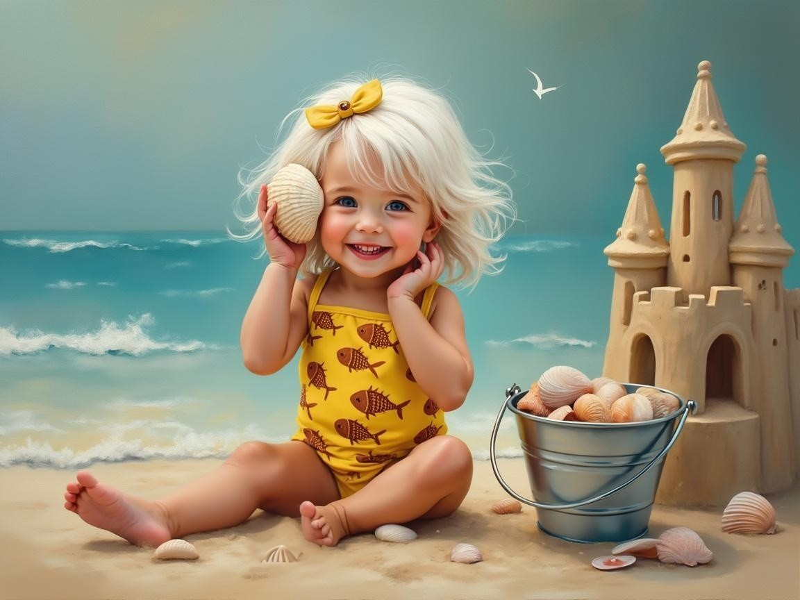 Toddler in Yellow Swimsuit at Sandy Beach with Seashells