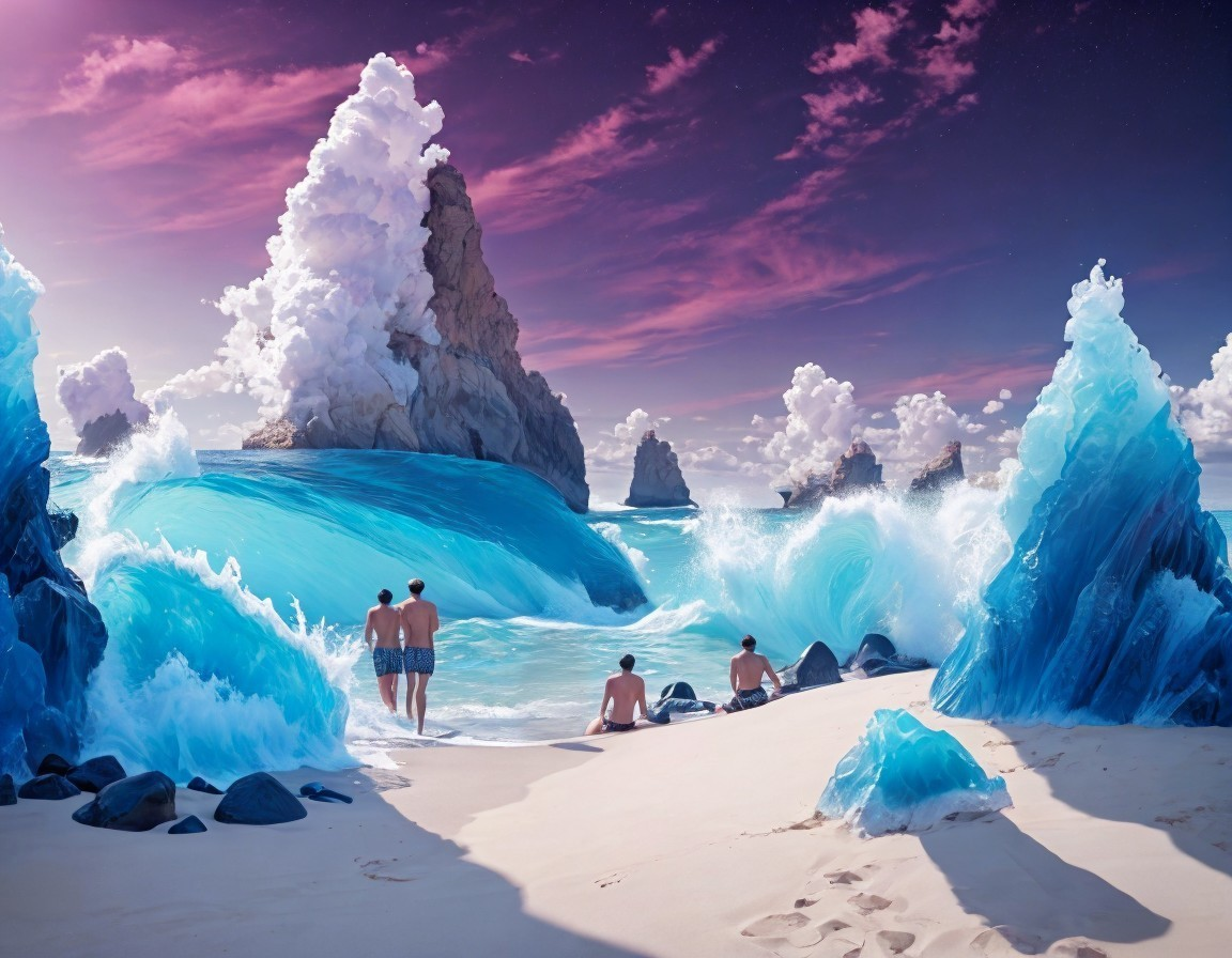 Dramatic Beach Scene with Oversized Waves and Figures