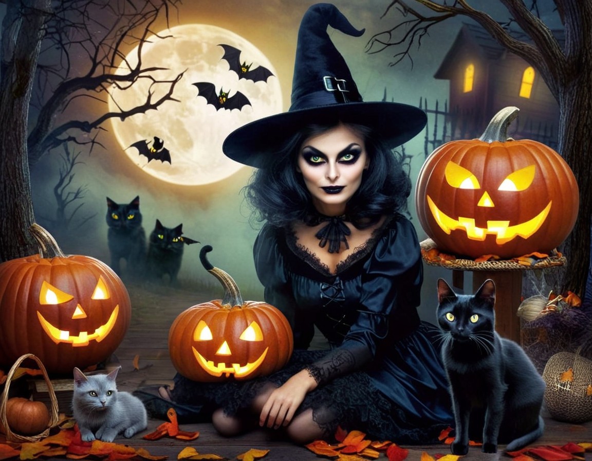 Witch in Black Dress Surrounded by Halloween Elements