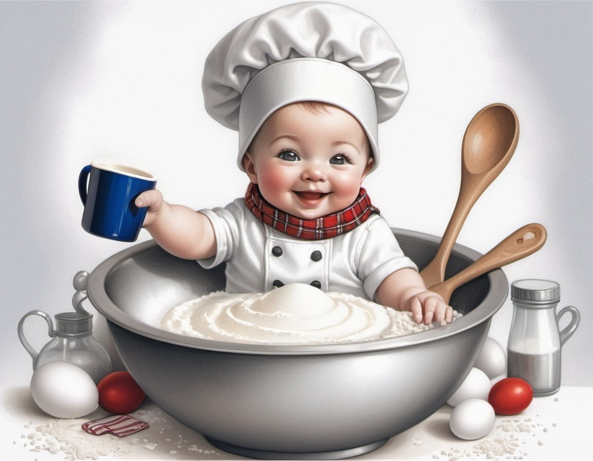 Baby Chef in Mixing Bowl Surrounded by Kitchen Utensils
