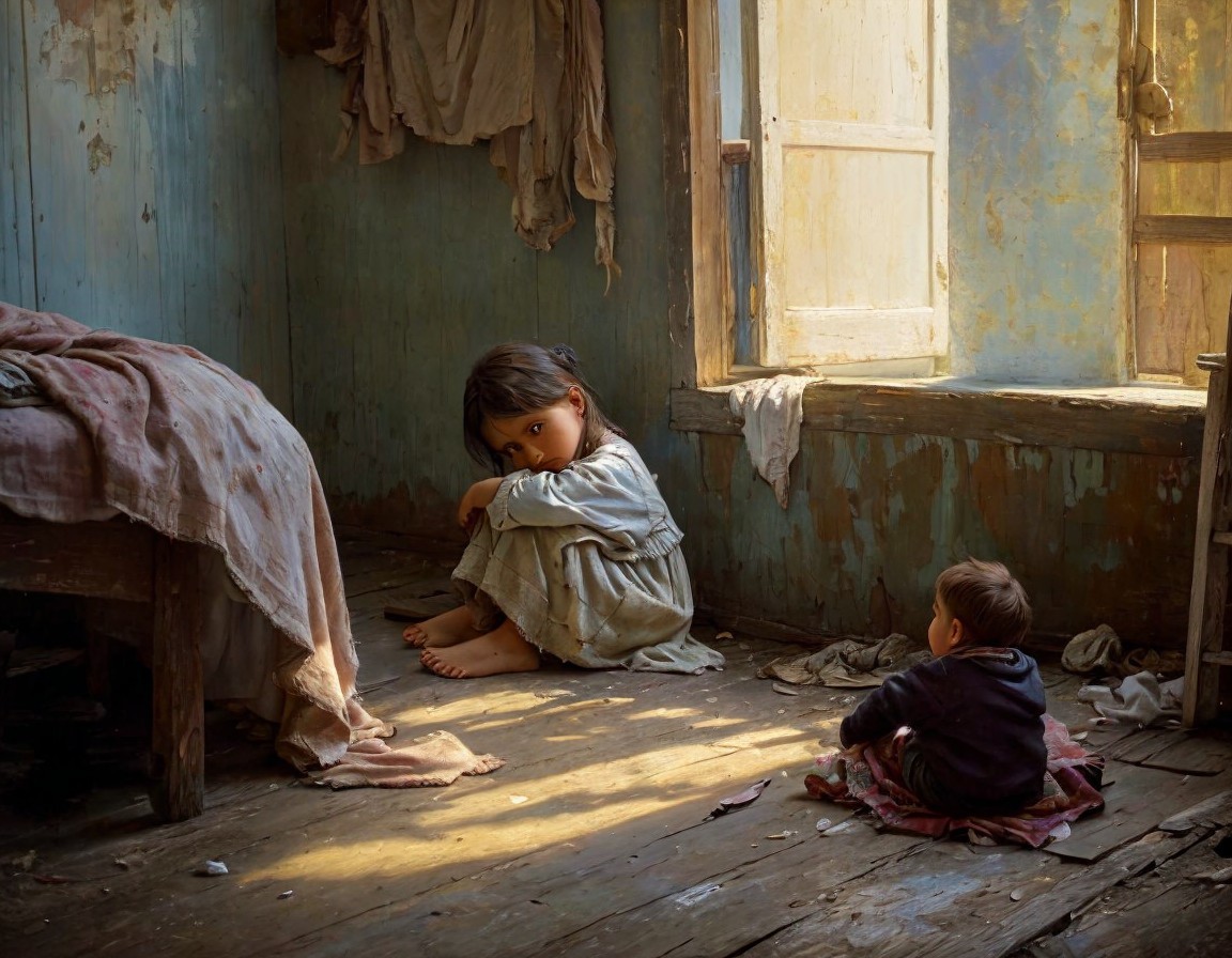 Children in an Abandoned Room with Soft Light