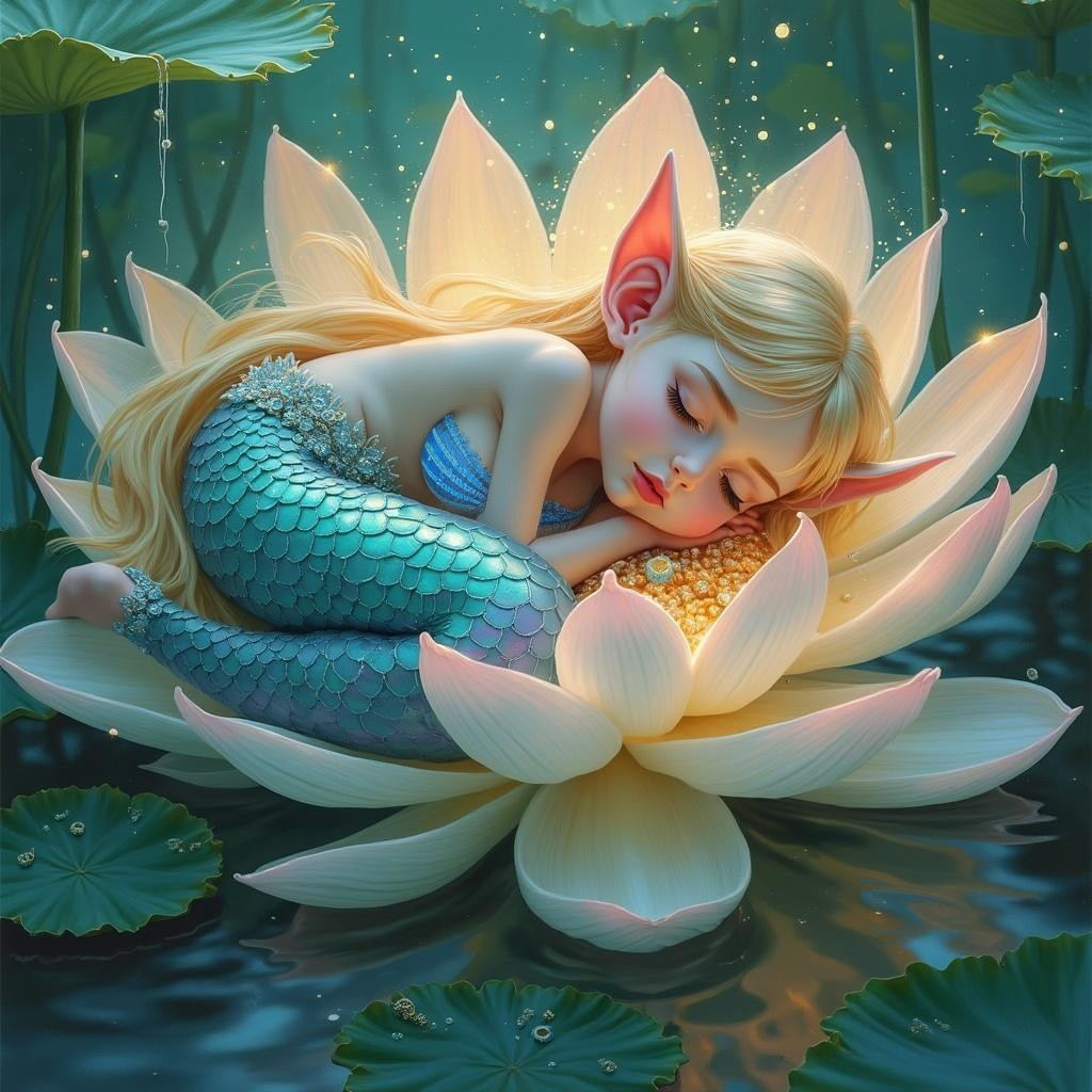 Sleeping Mermaid in Luminous Lotus Flower Scene