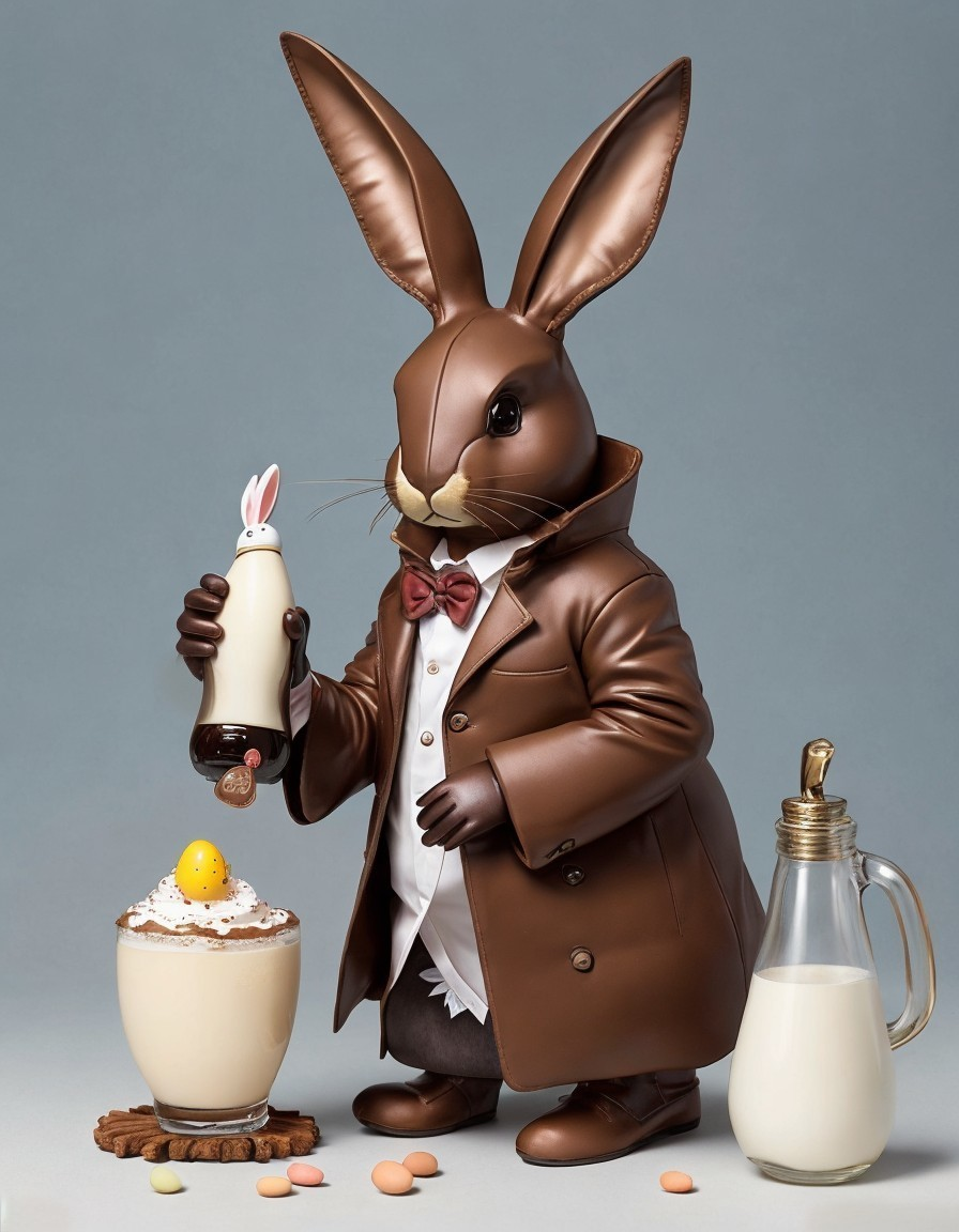Whimsical Rabbit in Brown Coat with Dessert and Milk