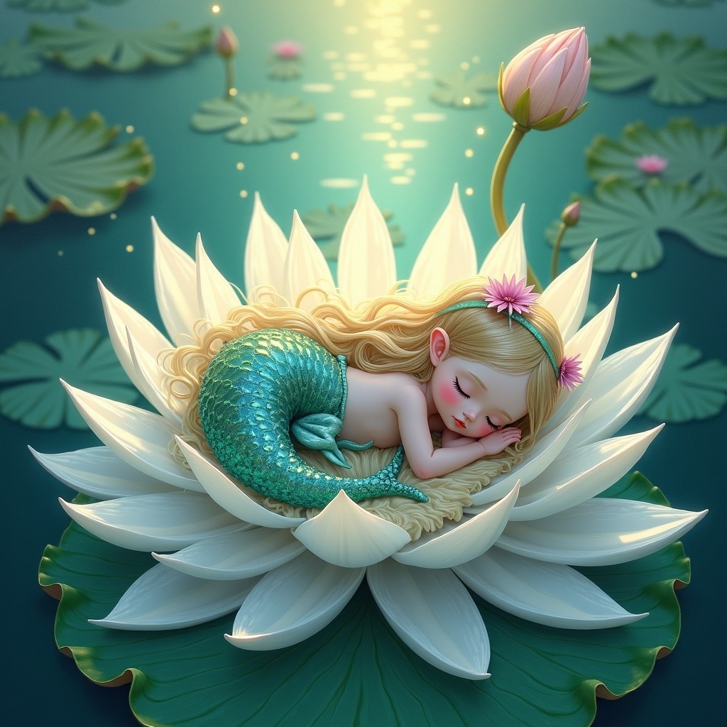 Mermaid Sleeping on a Lotus Flower in Tranquil Scene