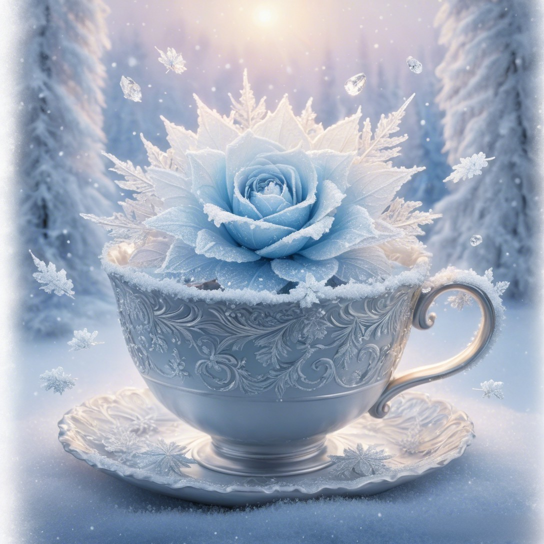 Ethereal Winter Scene with Frosted Teacup and Saucer