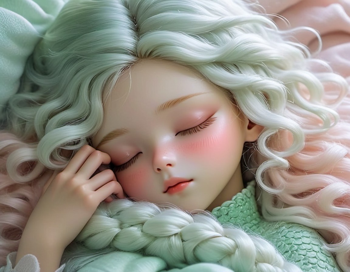 Lifelike doll with pastel-green curls in cozy blanket