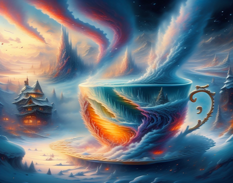 Surreal Winter Landscape in an Ornate Teacup