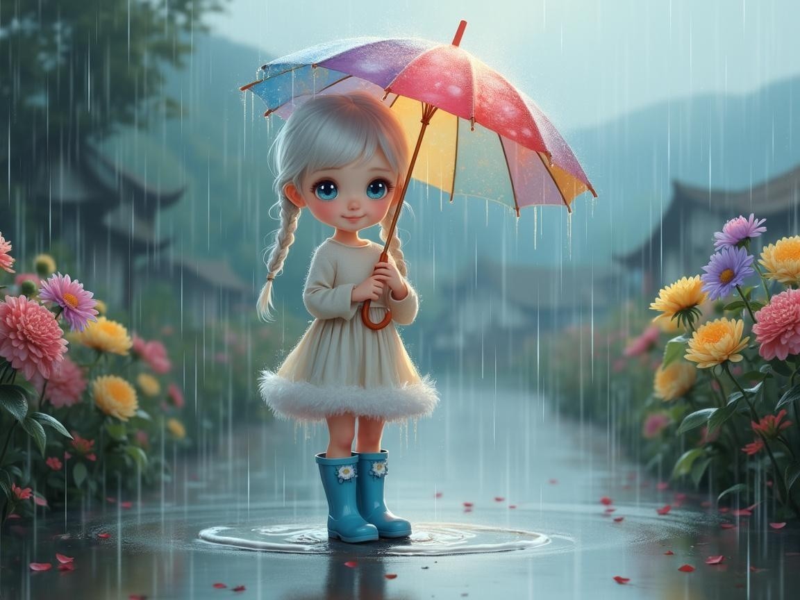 Small girl with umbrella in a rainy landscape