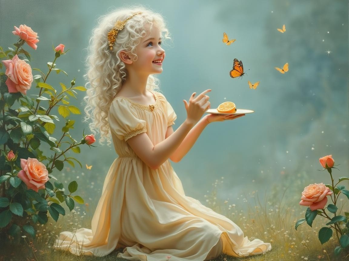 Young girl in yellow dress among blooming roses