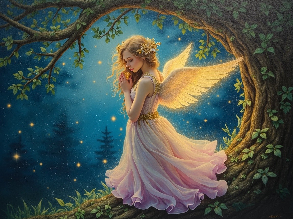 Angel with Golden Wings in a Magical Forest Setting