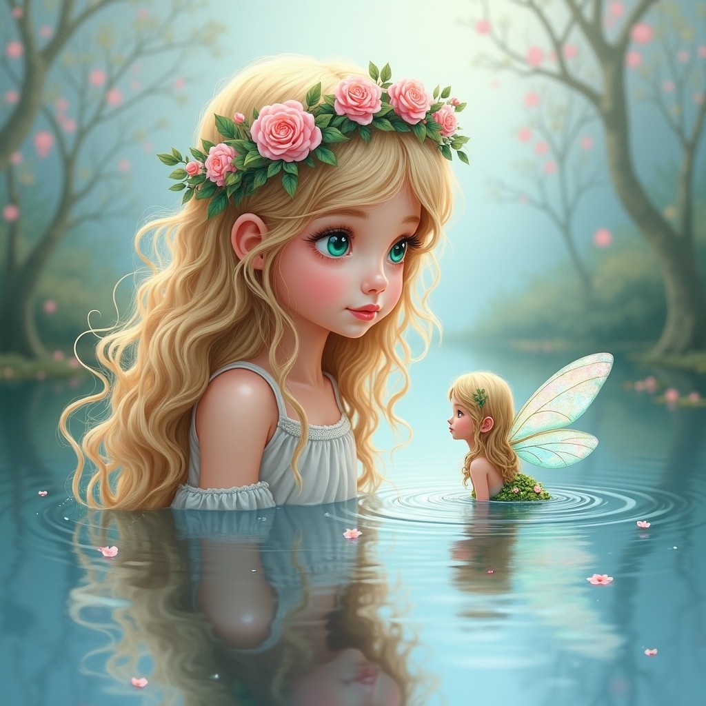 Enchanted forest scene with girl and fairy by water