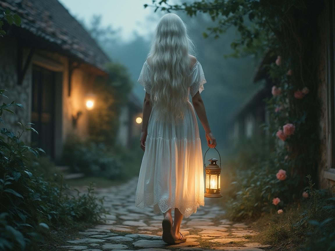 Young woman in white dress on misty cobblestone path