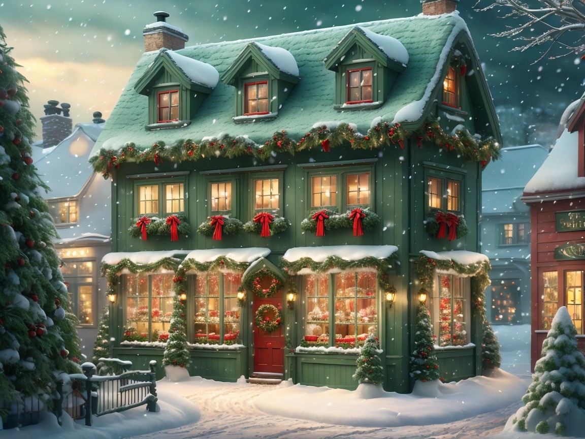 Charming Holiday Scene at a Decorated Green Shop