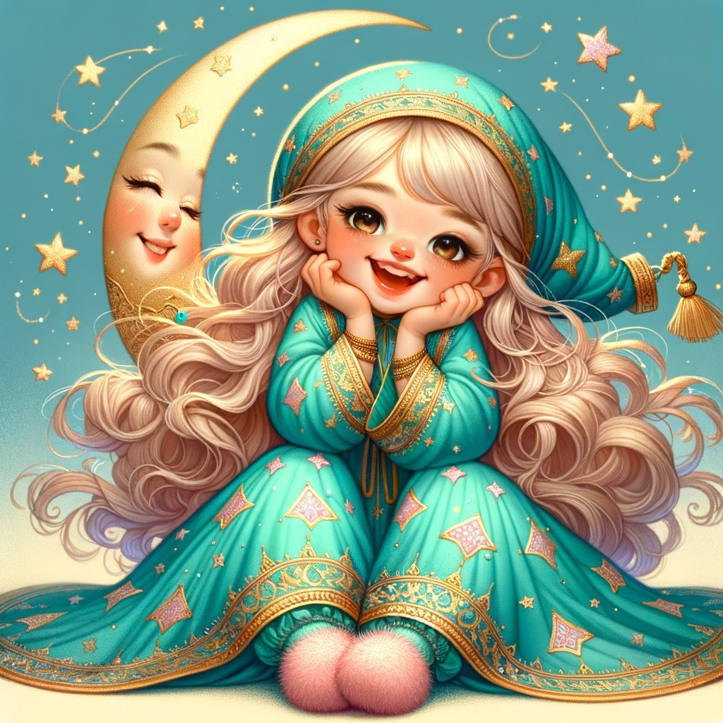 Cheerful girl in star-patterned nightgown with moon and stars