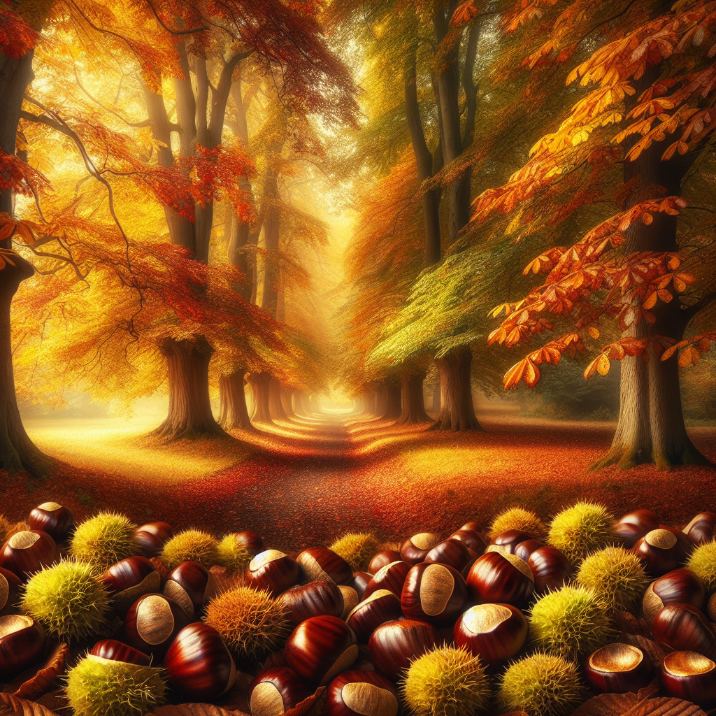 Autumn Pathway with Colorful Leaves and Chestnuts