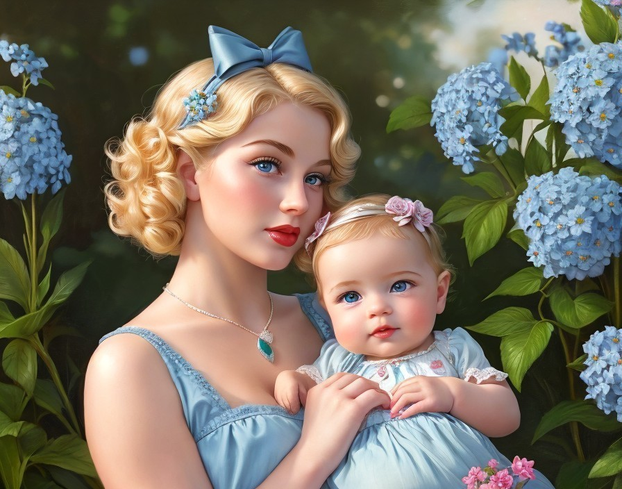 Mother and Baby Portrait Among Blue Hydrangeas