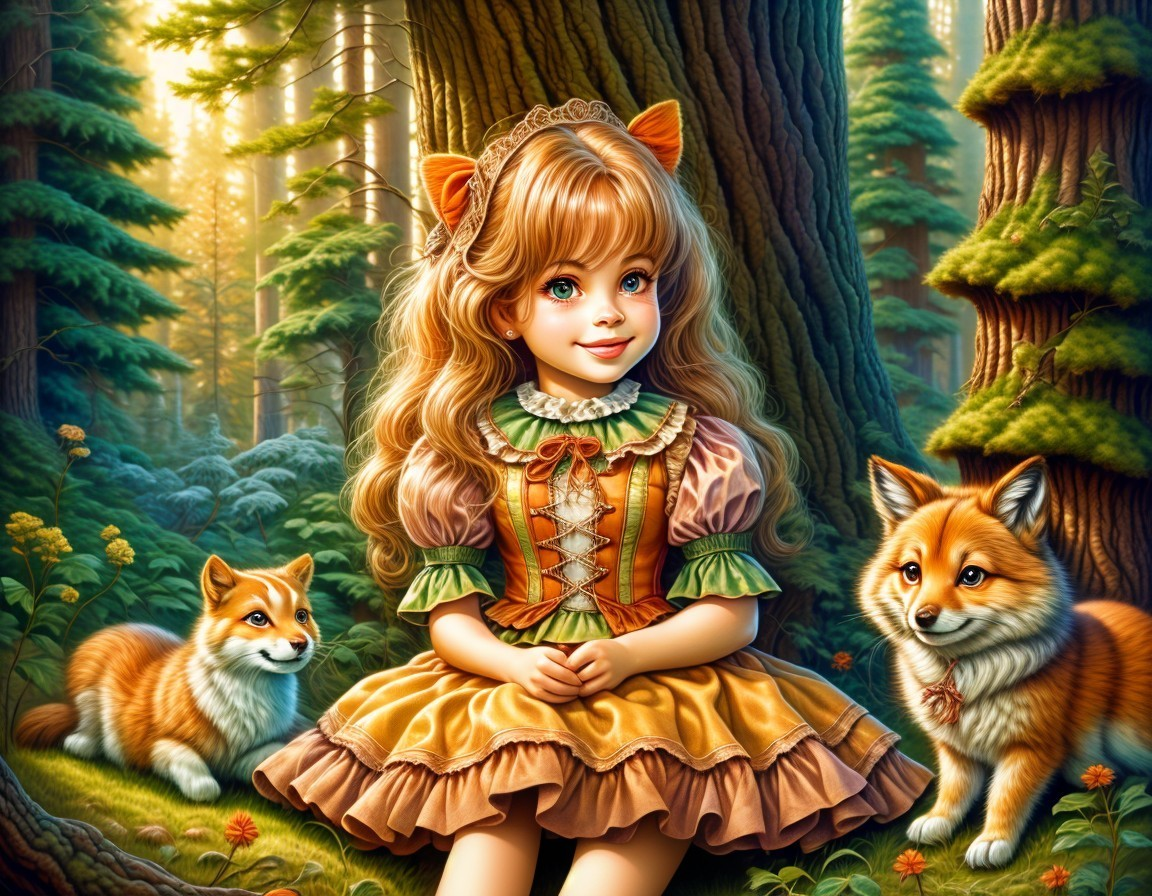 Young girl with fox ears in a magical forest setting