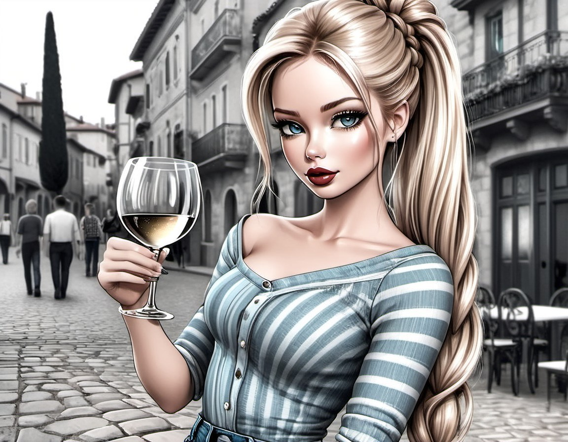 Young Woman in Striped Top on Cobblestone Street