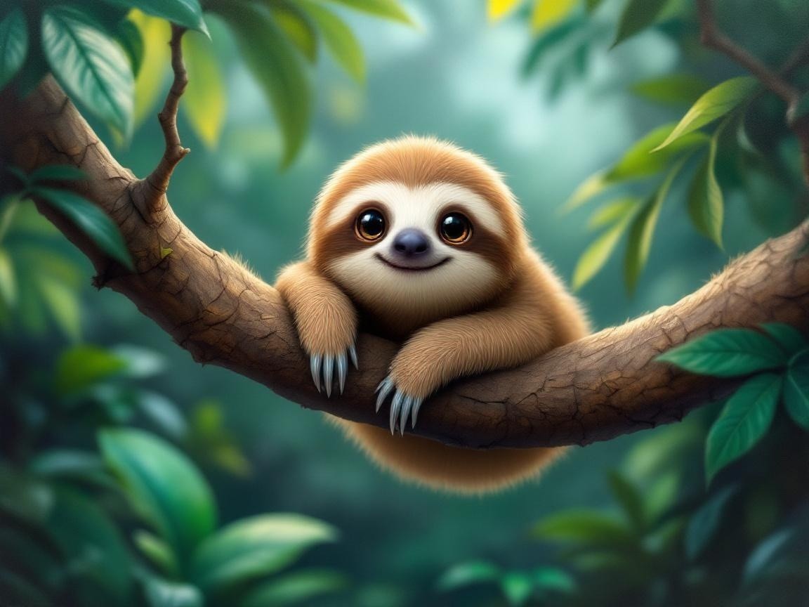 Cartoonish sloth resting on a branch in a jungle