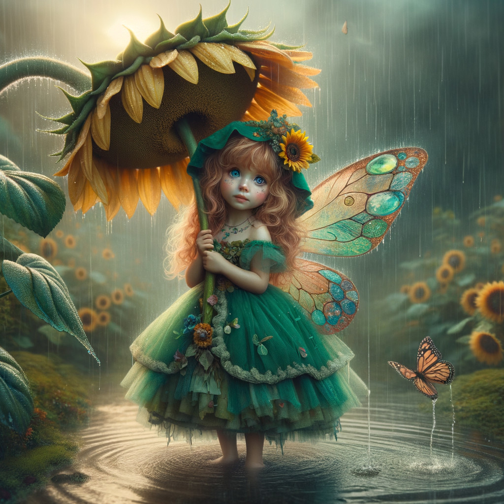 Fairy Girl in Meadow with Sunflower Umbrella and Wings